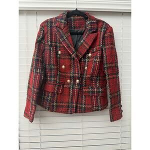 NWOT Red Plaid Tweed Blazer Gold Buttons Double Breasted Women XL